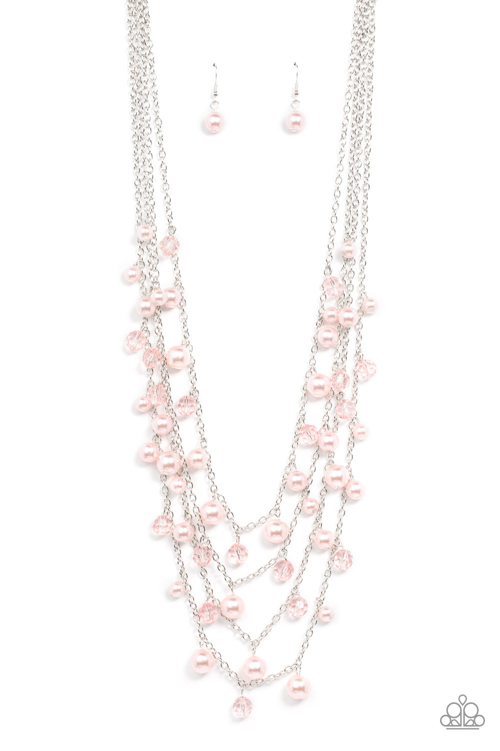 Row after row of bubbly pink pearls and glittery crystal-like beads swing from layered silver chains across the chest, creating a noise-making display. Features an adjustable clasp closure.