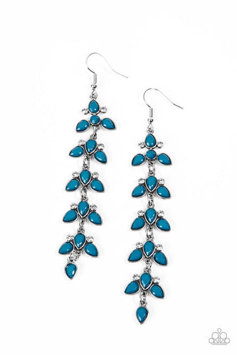 Infused with pairs of dainty white rhinestones, faceted Mykonos Blue teardrop beads delicately connect into leafy frames that link into an extended lure for an elegant finish. Earring attaches to a standard fishhook fitting. 