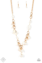 Load image into Gallery viewer, A modern collection of asymmetrical pearly white beads adorn sections of a chunky gold chain below the collar. Matching pearly beads sporadically trickle from the chain, resulting in a timelessly tasseled display. Features an adjustable clasp closure.  Sold as one individual necklace. Includes one pair of matching earrings.  New Kit Fashion Fix
