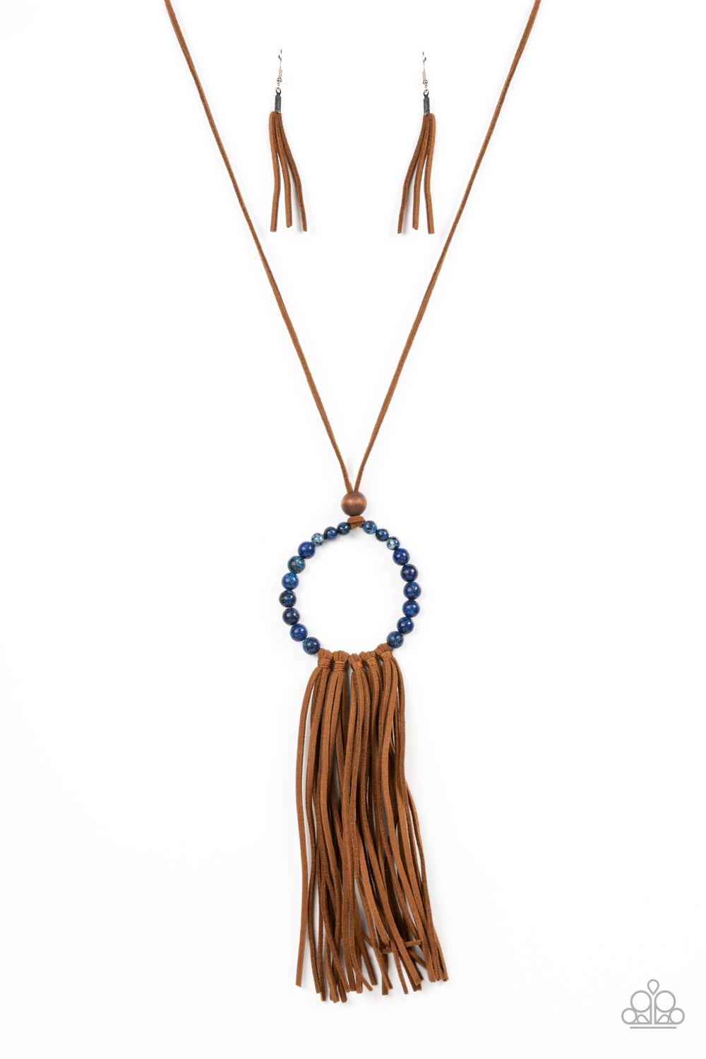 A collection of refreshing lapis lazuli stone beads are threaded around a wire hoop that is fastened at the end of a lengthened brown suede cord. The earthy stones make way for a foxy fringe of brown suede that sways from the bottom of the hoop, resulting in a rustic down-to-earth vibe. Features an adjustable clasp closure.