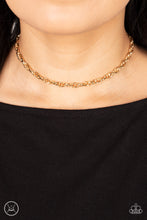 Load image into Gallery viewer, An ornately linked gold chain wraps around the neck, resulting in an edgy minimalist inspired grit. Features an adjustable clasp closure.
