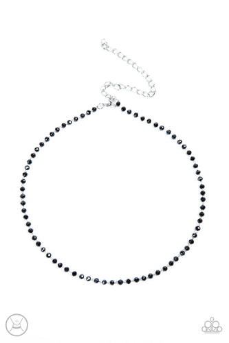 A dainty row of faceted metallic blue crystal-like beads delicately links around the neck, resulting in a radiant glimmer. Features an adjustable clasp closure.  Sold as one individual choker necklace. Includes one pair of matching earrings.