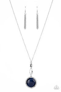 Encased in a hammered silver frame, an oversized blue cat's eye stone pendant swings from the bottom of hammered square and marquise shaped frames that are suspended from an extended silver chain, resulting in a magical centerpiece. Features an adjustable clasp closure.