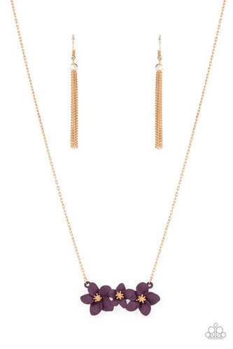 Featuring pronged gold centers, a trio of overlapping plum flowers in a flawless matte finish delicately connects to a dainty gold chain below the collar for a whimsical floral fashion. Features an adjustable clasp closure.