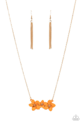 Featuring pronged gold centers, a trio of overlapping orange flowers in a flawless matte finish delicately connects to a dainty gold chain below the collar for a whimsical floral fashion. Features an adjustable clasp closure. 