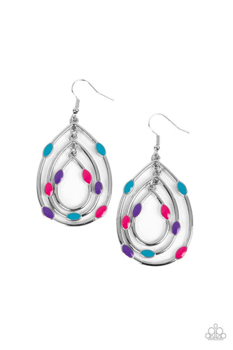 Featuring flattened blue, purple, and Fuchsia Fedora accents, three shimmery silver teardrop frames delicately link into a layered lure for a colorful look. Earring attaches to a standard fishhook fitting. 