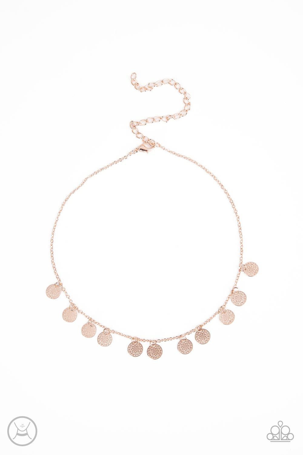 A dainty collection of mandala-like rose gold discs swings from a shiny rose gold chain, creating a shimmery radiance around the neck. Features an adjustable clasp closure.