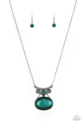 An oversized green cat's eye stone embellishes the bottom of a swirly silver frame dotted with a dainty green cat's eye stone accent. Attached to a bowing silver bar, the ethereal pendant swings from the bottom of an extended silver chain for an enchanting fashion. Features an adjustable clasp closure. 