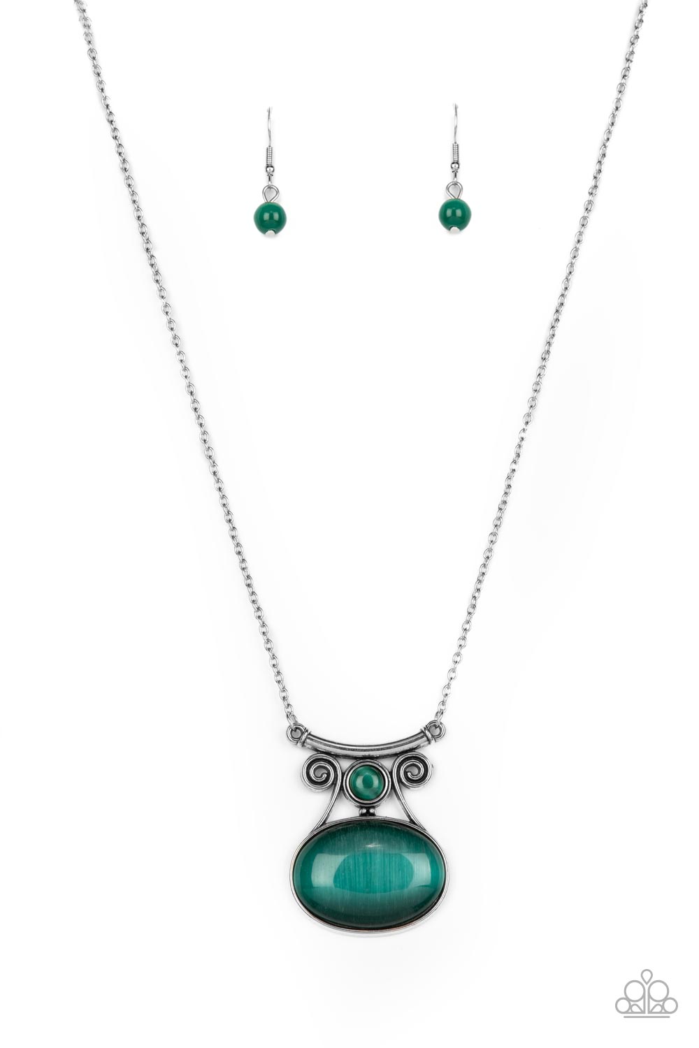 An oversized green cat's eye stone embellishes the bottom of a swirly silver frame dotted with a dainty green cat's eye stone accent. Attached to a bowing silver bar, the ethereal pendant swings from the bottom of an extended silver chain for an enchanting fashion. Features an adjustable clasp closure. 