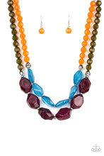 Load image into Gallery viewer, Faceted strands of opaque orange and Olive Branch crystal-like beads give way to a colorful assortment of oversized blue and plum crystal-like accents. Shiny silver beads adorn the hearty layers, adding a dash of metallic glitz to the tropical inspired display. Features an adjustable clasp closure. 
