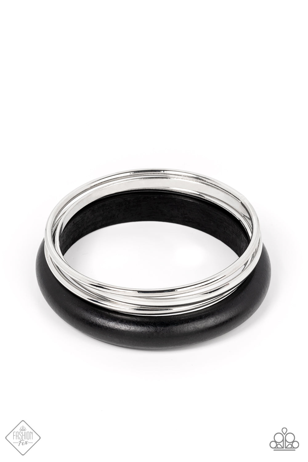A set of three basic silver bangles stack together with a chunky black wooden bangle for a layered look.  Sold as one individual bracelet.  New Kit Fashion Fix