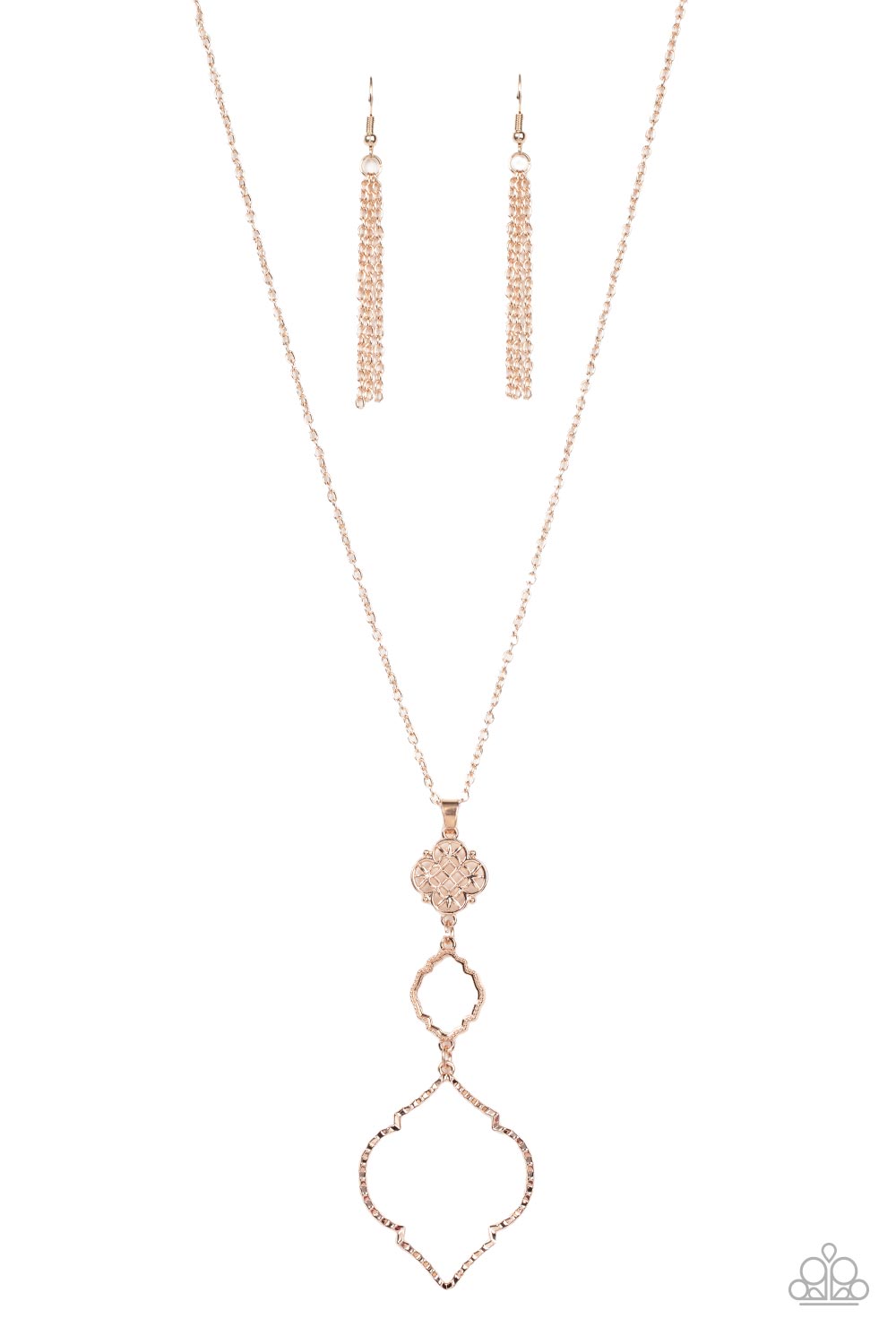 Featuring mandala-like patterns, a floral lattice frame gives way to mismatched scalloped rose gold frames, creating a magnificently stacked pendant at the bottom of an extended rose gold chain. Features an adjustable clasp closure.