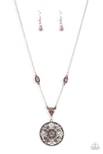 Load image into Gallery viewer, Glittery pink rhinestones are sprinkled across a silver floral frame, creating a timeless pendant at the bottom of a dainty silver chain that has been enhanced with matching pink rhinestone embellished frames. Features an adjustable clasp closure. 
