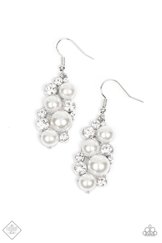 Vivaciously bubbly pearls and glittering white rhinestones flawlessly meld into abstract oval frames creating an elegant lure. Earring attaches to a standard fishhook fitting.  Sold as one pair of earrings.  Fashion Fix New Kit