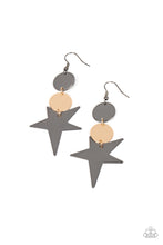 Load image into Gallery viewer, An asymmetrical gunmetal star radiates from two linked flat gold and gunmetal discs, resulting in a stellar lure. Earring attaches to a standard fishhook fitting.
