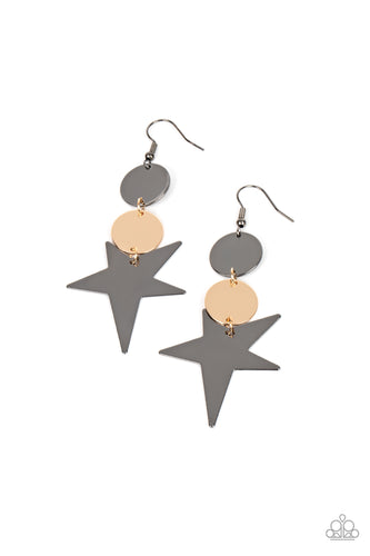 An asymmetrical gunmetal star radiates from two linked flat gold and gunmetal discs, resulting in a stellar lure. Earring attaches to a standard fishhook fitting.