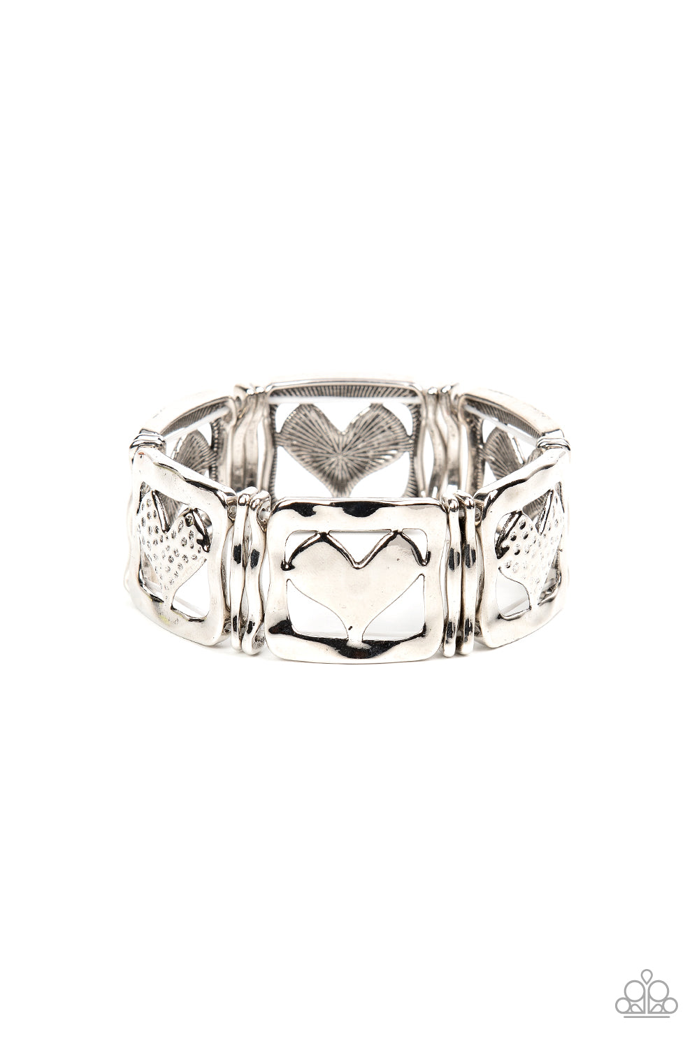 Encased in hammered silver frames, hammered silver hearts and silver hearts featuring a hammered dotted motif join pairs of wavy silver frames along stretchy bands around the wrist for a romantic flair.