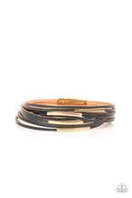 Load image into Gallery viewer, Sporadically adorned with glistening gold frames, dainty black leather bands layer around the wrist for a refined flair. Features a magnetic clasp closure. 
