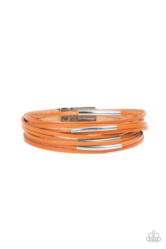 Sporadically adorned with shiny silver frames, dainty orange leather bands layer around the wrist for a refined flair. Features a magnetic clasp closure.