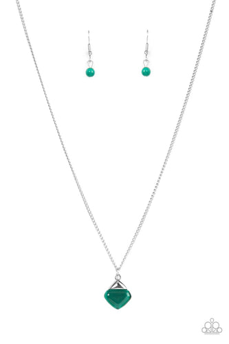 A silver triangle frame tops a triangular cut green cat's eye stone pendant at the bottom of a dainty silver chain, resulting in a graceful gemstone pendant below the collar. Features an adjustable clasp closure.