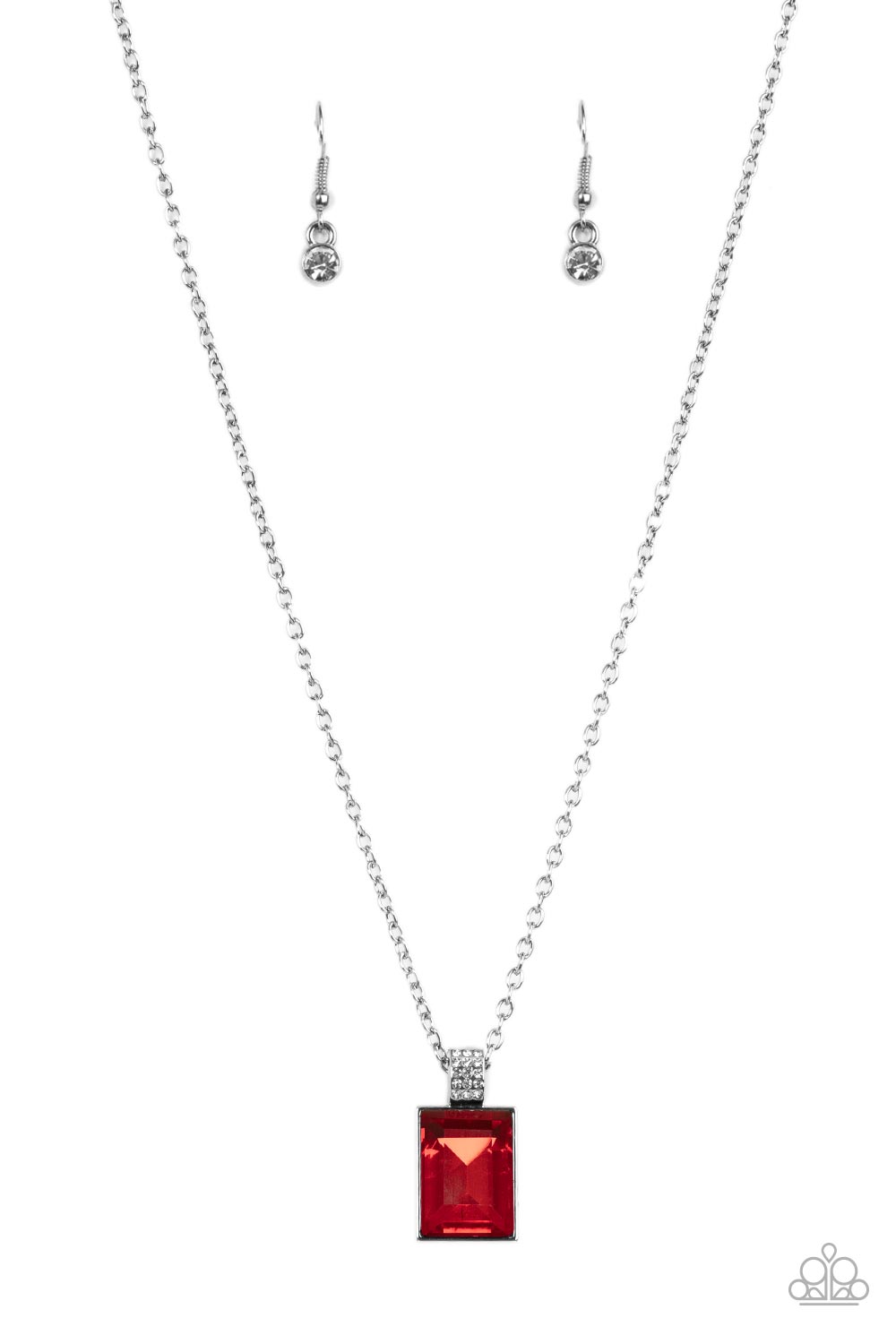 Featuring a white rhinestone encrusted silver fitting, an oversized emerald cut red rhinestone swings from the bottom of a dainty silver chain below the collar for a glamorous fashion. Features an adjustable clasp closure. 