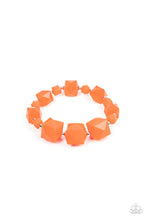 Load image into Gallery viewer, Varying in size, a faceted collection of solid and translucent orange cube beads alternate with dainty silver beads to decorate a stretchy band that wraps around the wrist for a glamorous pop of geometric color.
