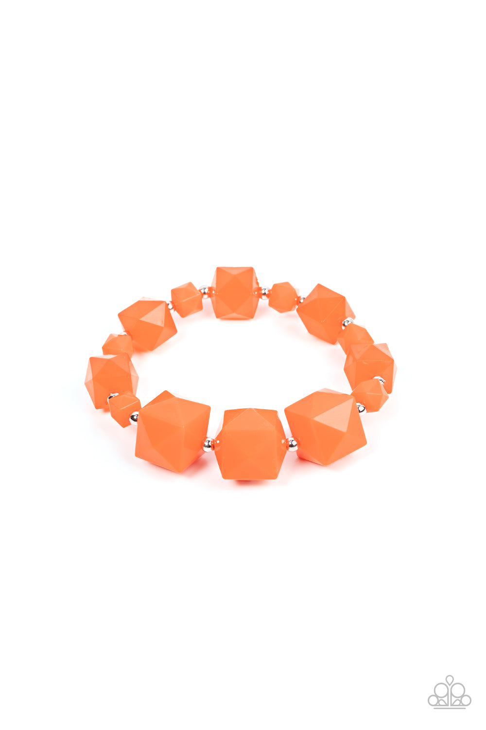 Varying in size, a faceted collection of solid and translucent orange cube beads alternate with dainty silver beads to decorate a stretchy band that wraps around the wrist for a glamorous pop of geometric color.