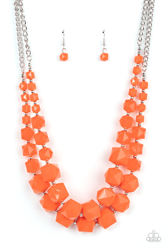 A faceted collection of translucent and solid orange cube beads gradually increase in size as they alternate with dainty silver beads below the collar. Infused with sections of classic silver chains, the edgy geometrical layers create an intense pop of summery color for a seasonal finish. Features an adjustable clasp closure. 