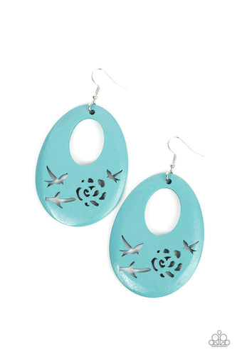 The bottom of a turquoise blue wooden teardrop frame features bird and floral cutouts, creating a whimsical centerpiece. Earring attaches to a standard fishhook fitting.