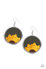 Load image into Gallery viewer, A golden yellow and brown threaded sunflower is stitched into the bottom of an Olive Branch leather frame that is encased in a sleek silver frame, resulting in a whimsical floral fashion. Earring attaches to a standard fishhook fitting.
