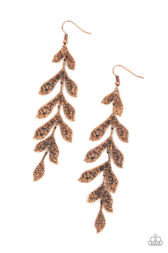 Hammered in a rustic finish, antiqued copper frames delicately link into a leafy lure for a seasonal inspired style. Earring attaches to a standard fishhook fitting.