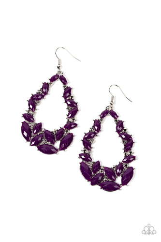 Featuring pronged silver fittings, a glimmering collection of faceted plum marquise beads coalesce into a glamorous teardrop. Faceted silver accents are sprinkled through the design, adding a spritz of metallic shimmer. Earring attaches to a standard fishhook fitting.