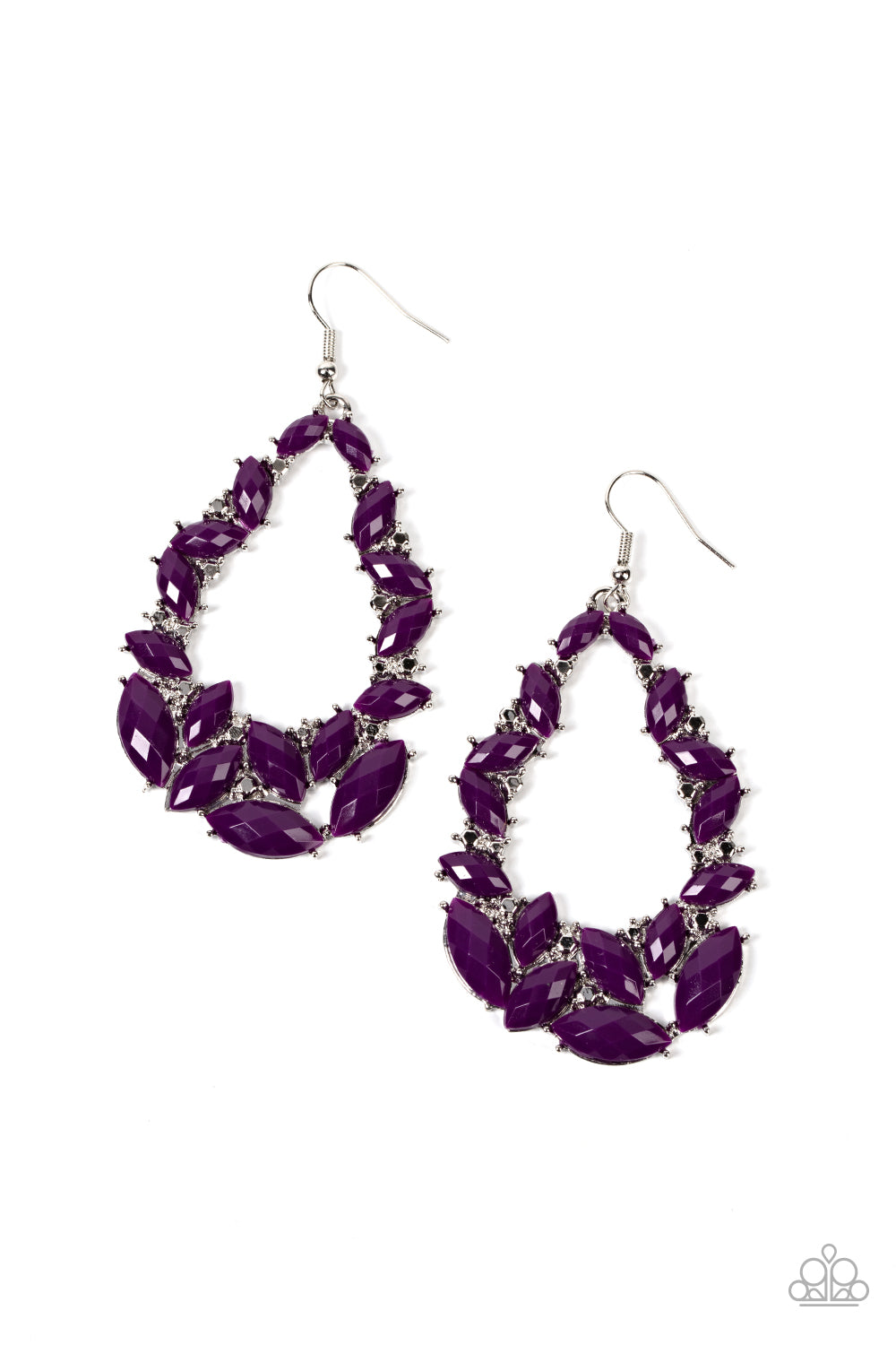 Featuring pronged silver fittings, a glimmering collection of faceted plum marquise beads coalesce into a glamorous teardrop. Faceted silver accents are sprinkled through the design, adding a spritz of metallic shimmer. Earring attaches to a standard fishhook fitting.