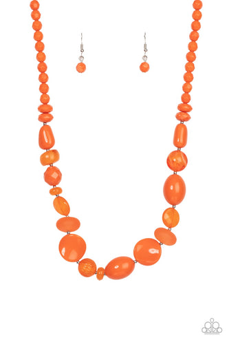A vivacious collection of opaque, glassy, and acrylic burnt orange beads and accents colorfully links below the collar for a tropical inspired fashion. Features an adjustable clasp closure. 