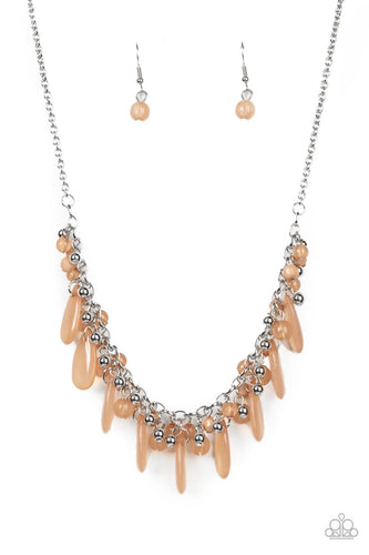 Infused with shiny silver beads, a refreshing collection of glassy and opaque brown teardrops and beads glisten from the bottom of a classic silver chain, creating a breezy fringe below the collar. Features an adjustable clasp closure. 