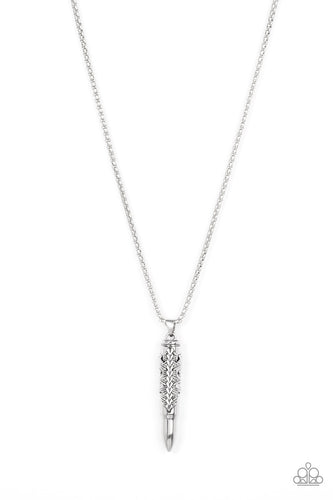 Wrapped in a tribal inspired motif, an antiqued silver bullet-like pendant swings from the bottom of a rounded strand of silver box chain for a rustic look. Features an adjustable clasp closure. 