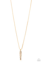 Load image into Gallery viewer, Wrapped in a tribal inspired motif, a shiny gold bullet-like pendant swings from the bottom of a rounded strand of gold box chain for a rugged look. Features an adjustable clasp closure.
