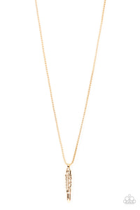 Wrapped in a tribal inspired motif, a shiny gold bullet-like pendant swings from the bottom of a rounded strand of gold box chain for a rugged look. Features an adjustable clasp closure.