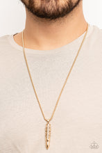 Load image into Gallery viewer, Wrapped in a tribal inspired motif, a shiny gold bullet-like pendant swings from the bottom of a rounded strand of gold box chain for a rugged look. Features an adjustable clasp closure.
