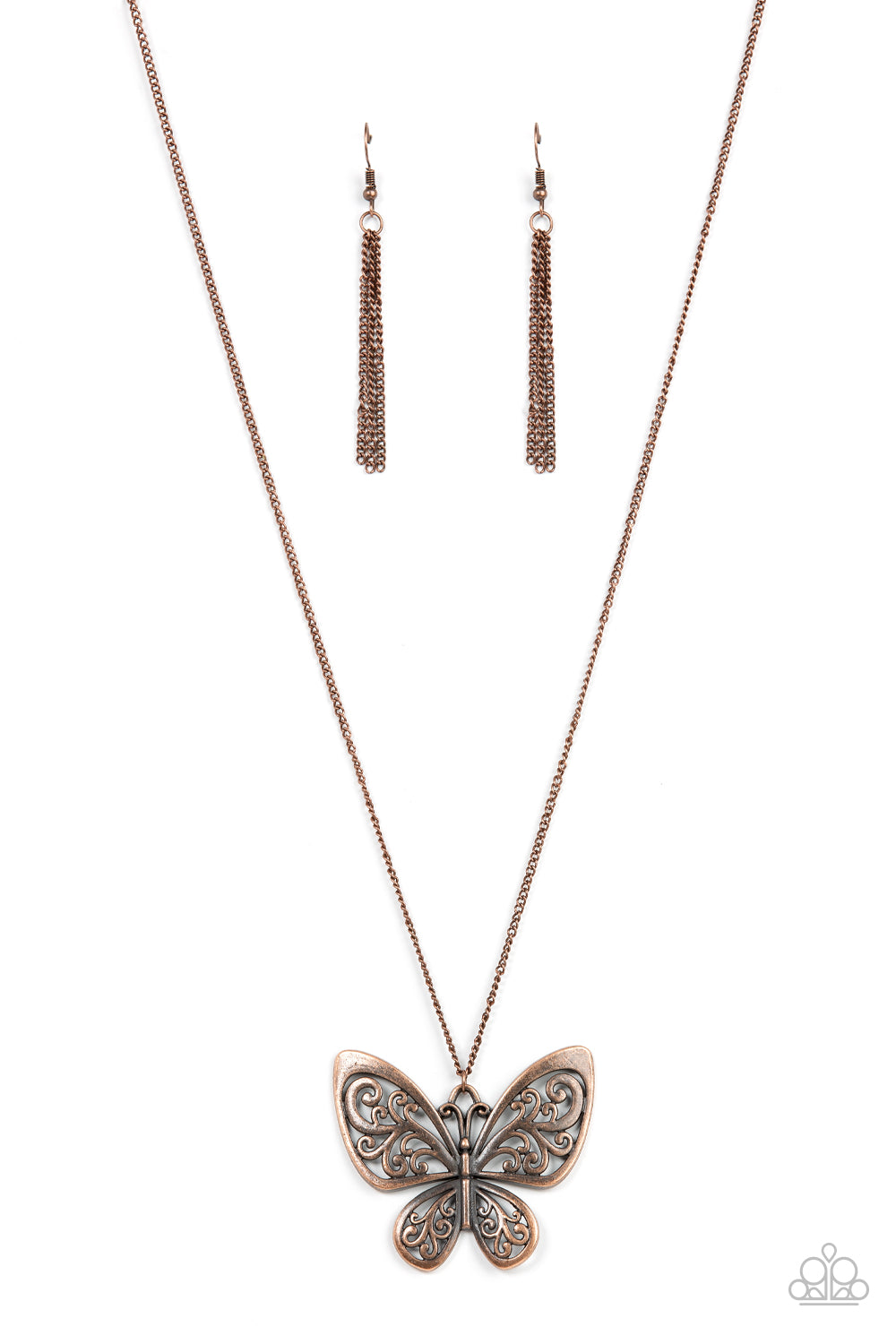 Filled with frilly filigree details, a rustic copper butterfly flutters from the bottom of an extended copper chain for a whimsical fashion. Features an adjustable clasp closure.