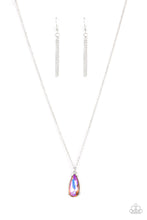 Load image into Gallery viewer, Encased in a shiny silver fitting, an iridescent teardrop gem glides along a dainty silver chain below the collar for a stellar fashion. Features an adjustable clasp closure. 
