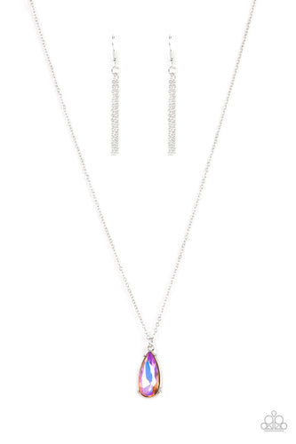 Encased in a shiny silver fitting, an iridescent teardrop gem glides along a dainty silver chain below the collar for a stellar fashion. Features an adjustable clasp closure. 