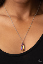 Load image into Gallery viewer, Encased in a shiny silver fitting, an iridescent teardrop gem glides along a dainty silver chain below the collar for a stellar fashion. Features an adjustable clasp closure. 
