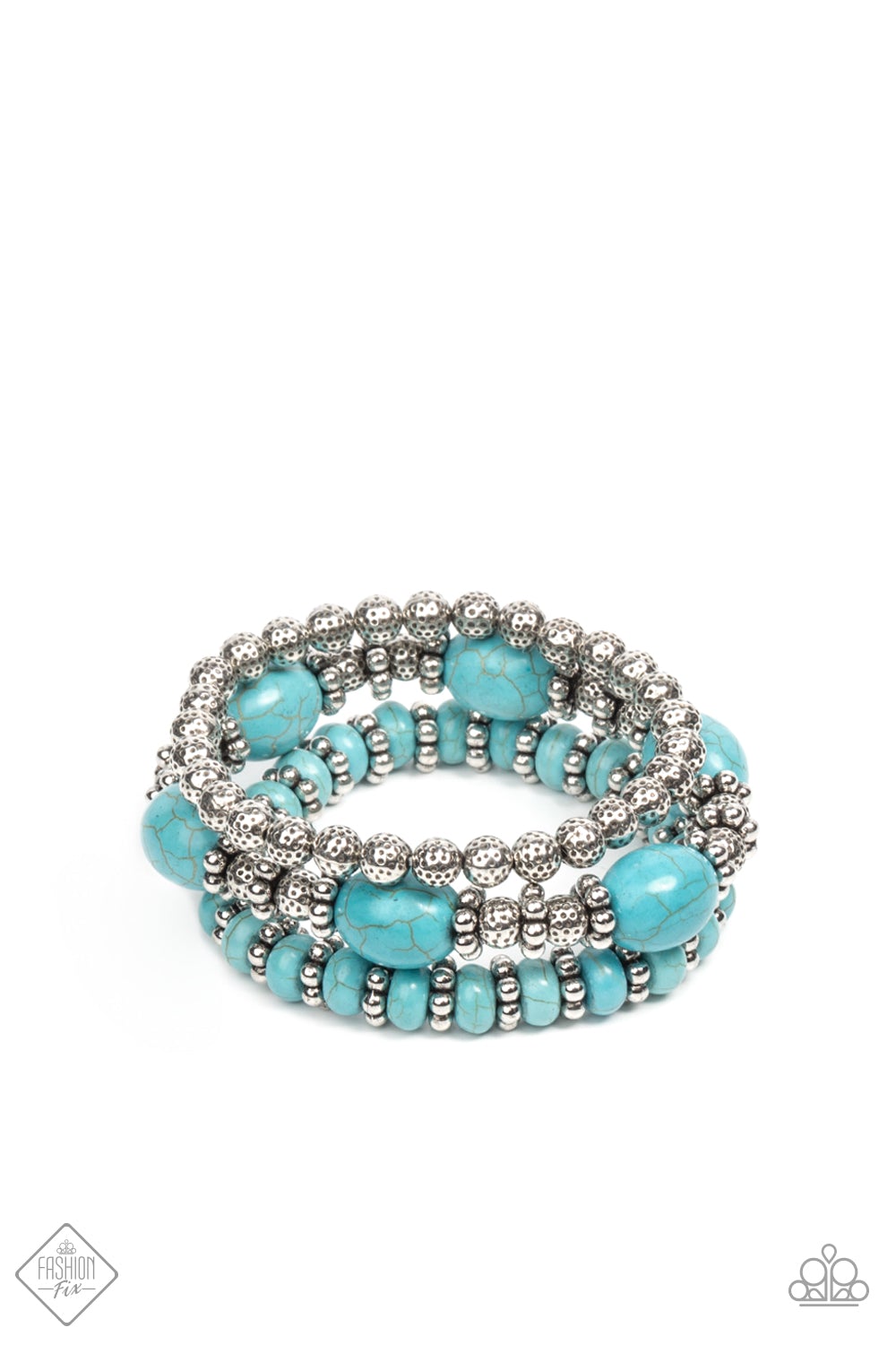 Infused with the refreshing allure of turquoise beads, antiqued silver beads and studded accents are threaded along stretchy bands, creating a stack of artisan-inspired flair.  Sold as one set of three bracelets.