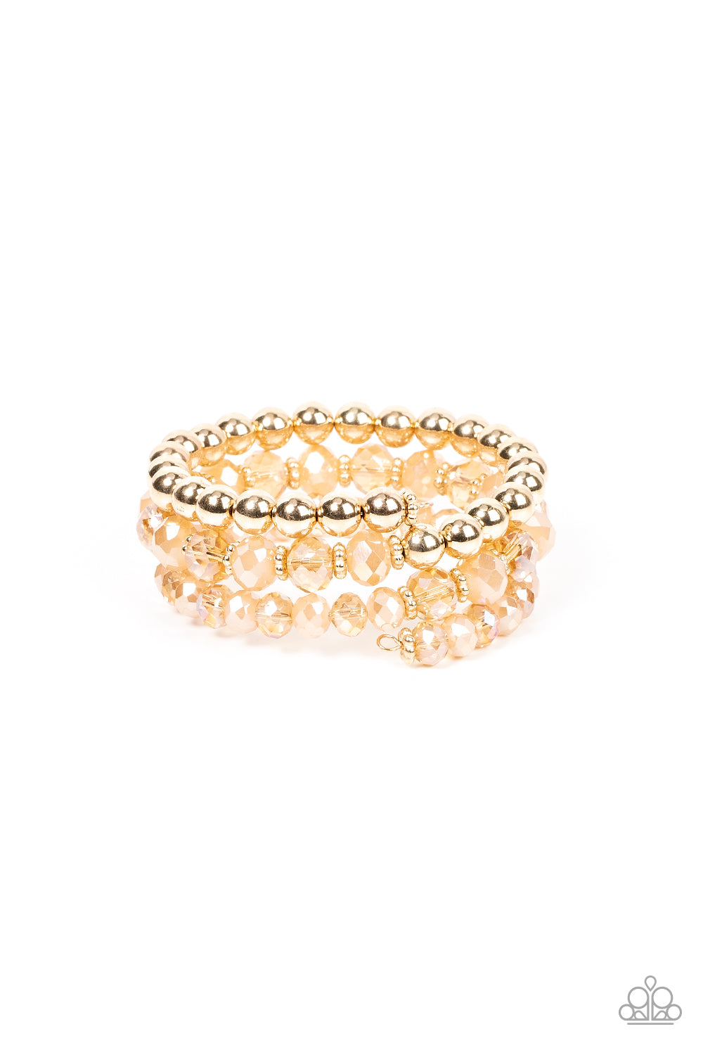 Sections of glistening gold beads and an alternating pattern of golden and iridescent flecked gems gradually increase in size along a coiled wire, creating a jaw-dropping infinity wrap bracelet around the wrist.