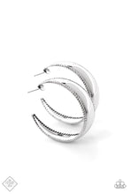 Load image into Gallery viewer, A wide smooth silver bar bordered in rope-like texture curls into a simple hoop earring, resulting in a high-sheen statement piece designed to dazzle. Earring attaches to a standard post fitting. Hoop measures approximately 1 1/2&quot; in diameter.  Sold as one pair of hoop earrings.  New Kit Fashion Fix
