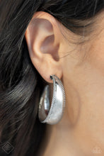 Load image into Gallery viewer, A wide smooth silver bar bordered in rope-like texture curls into a simple hoop earring, resulting in a high-sheen statement piece designed to dazzle. Earring attaches to a standard post fitting. Hoop measures approximately 1 1/2&quot; in diameter.  Sold as one pair of hoop earrings.  New Kit Fashion Fix
