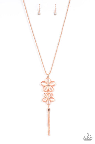 Dotted with dainty white rhinestone centers, a pair of peach cat's eye petaled flowers swing from the bottom of an extended rose gold popcorn chain. A rose gold chain tassel swings from the bottom of the enchanting display, adding playful movement to the floral centerpiece. Features an adjustable clasp closure.