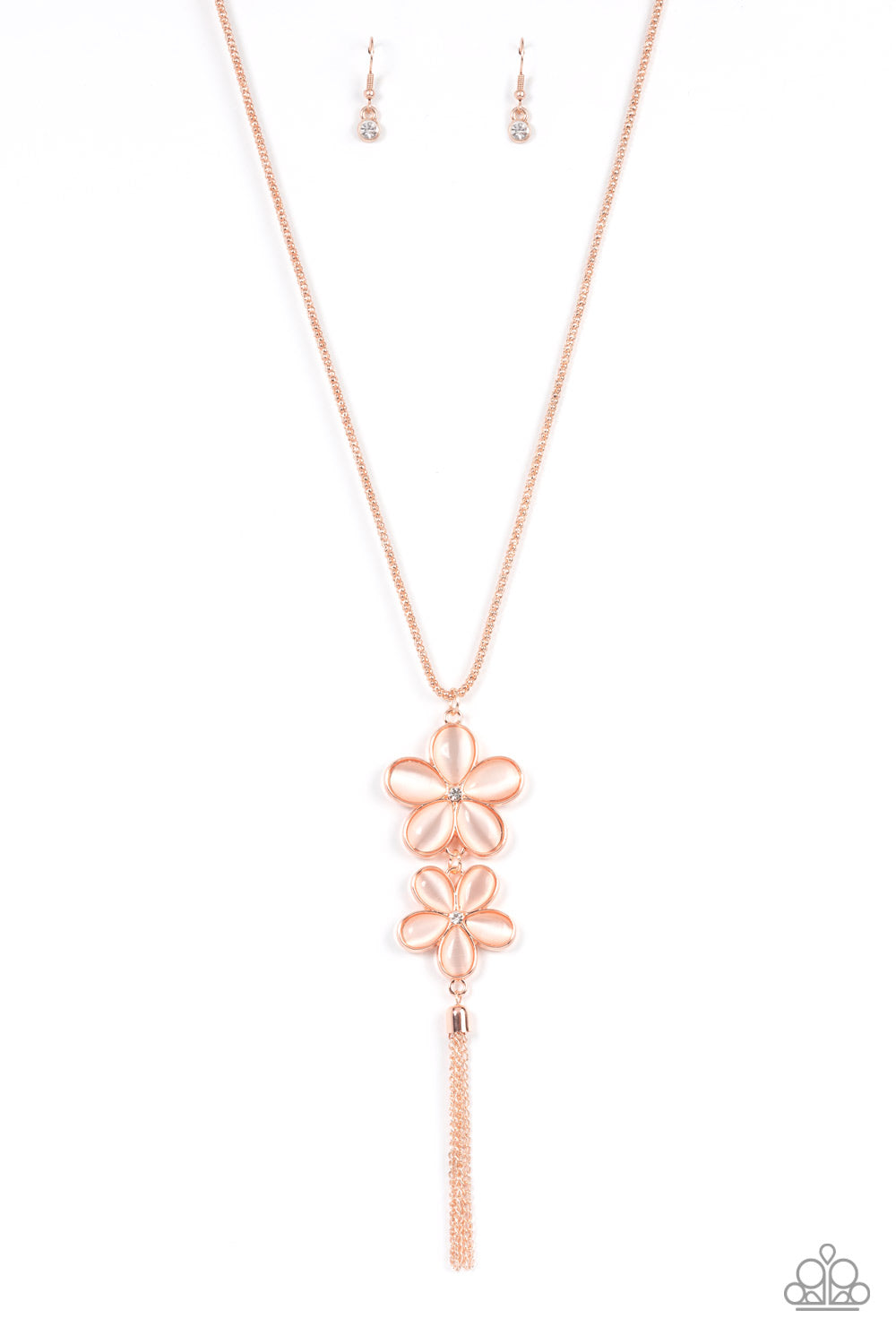 Dotted with dainty white rhinestone centers, a pair of peach cat's eye petaled flowers swing from the bottom of an extended rose gold popcorn chain. A rose gold chain tassel swings from the bottom of the enchanting display, adding playful movement to the floral centerpiece. Features an adjustable clasp closure.