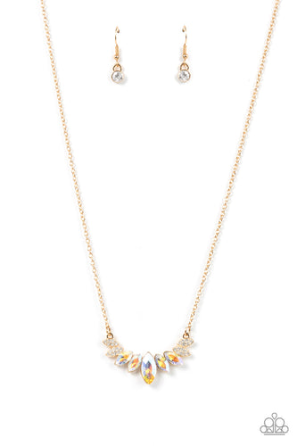 A fan of iridescent marquise cut rhinestones is flanked by pairs of white rhinestone encrusted gold frames at the bottom of a dainty gold chain, resulting in a regal centerpiece below the collar. Features an adjustable clasp closure.